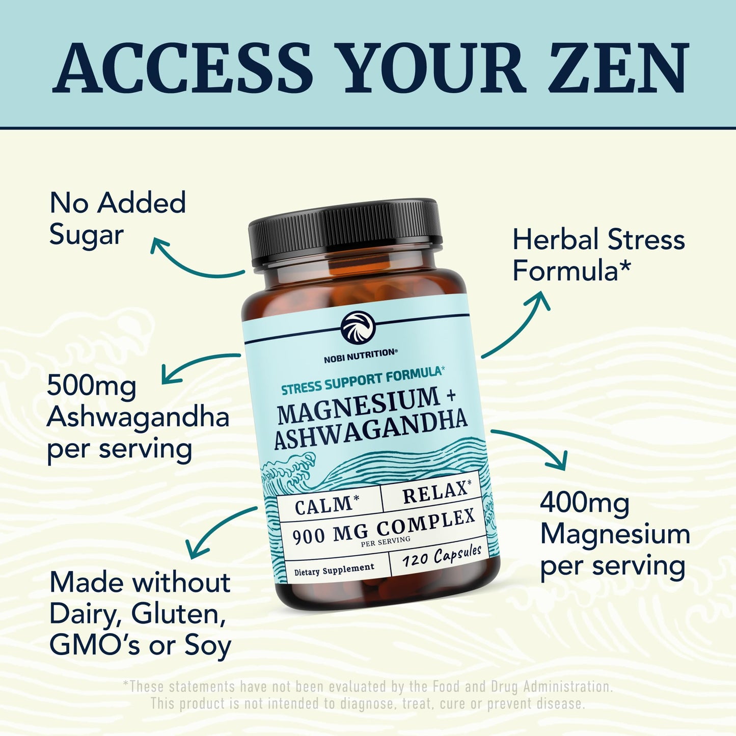 Magnesium Ashwagandha | Calming Magnesium Supplement for Adults | Relax, Rest, Calm Mood & Sleep Support | Mag Citrate & Oxide 400 mg + Ashwagandha 500 mg