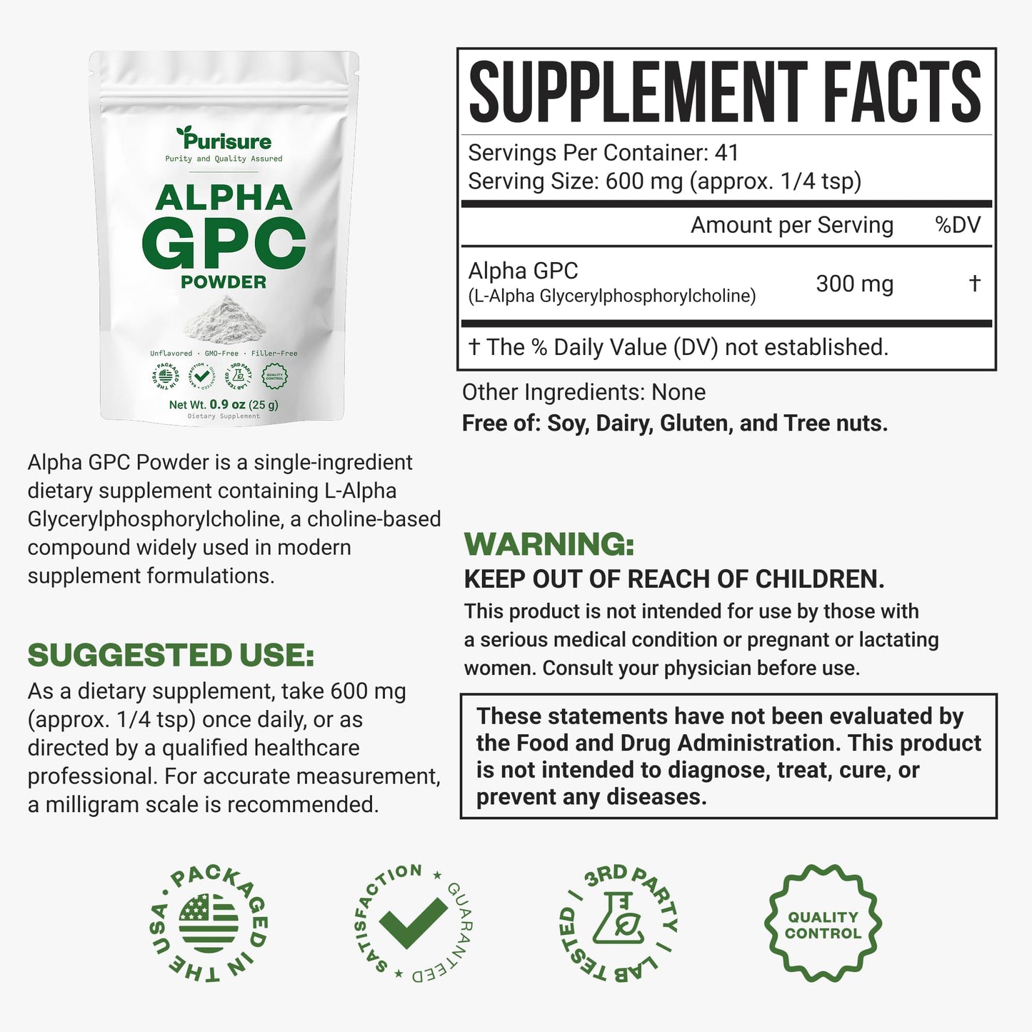 Purisure Alpha GPC Powder, 25 g, Pure Alpha GPC Choline Supplement for Brain and Focus, CDP Choline Supplements for Memory Performance & Concentration, No Fillers, Non-GMO, Offers 41 Servings PurisureBuy Supplements Australia