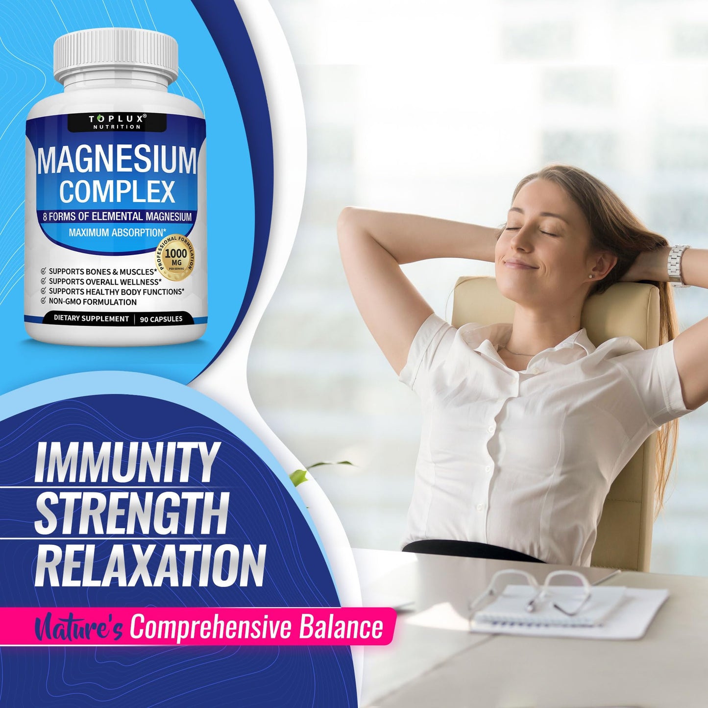 Magnesium Complex Supplement 8 Elemental 1000mg - Magnesium Glycinate, Citrate, Malate, Taurate, Chelated for Easy Absorption for Bones