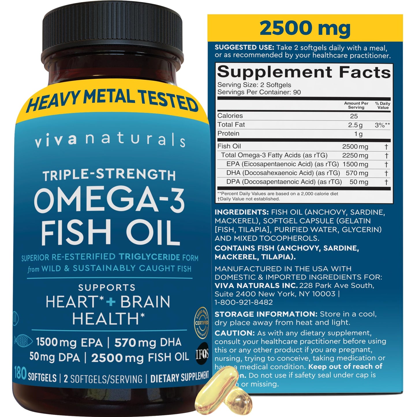 Triple Strength Fish Oil Omega 3 Supplements for Women and Men – 2500 mg High-Potency, Easy-to-Absorb Re-esterified Triglyceride Form, Pescatarian-Friendly DPA Omega 3