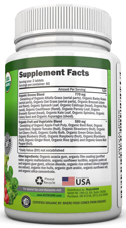 Organic Super Greens Capsules - Fruit And Vegetable Supplements - 120 Count - 28 USDA Organic & Vegan Premium Ingredients - Superfood Blend For Immune Health, Digestion & Energy - Whole Food Vitamins NutriONNBuy Supplements Australia