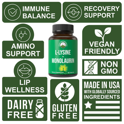 Peak Performance L Lysine 1000mg + Monolaurin 500mg Supplement for Immune Support - High Potency L-Lysine for Lips, Skin, & Health - 2-in-1 Bioavailable Supplements for Men and Women - 60 Capsules Peak PerformanceBuy Supplements Australia