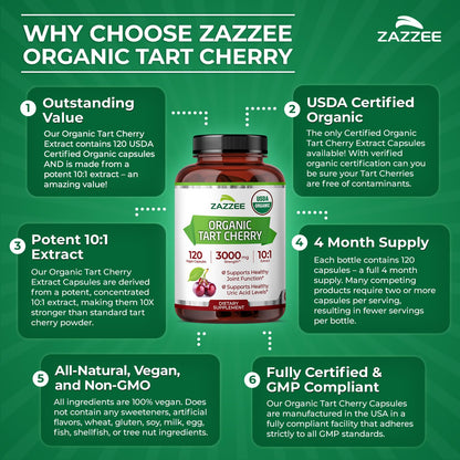 Zazzee USDA Organic Tart Cherry 10:1 Extract, 120 Vegan Capsules, 4 Month Supply, Montmorency Cherry, Daily Wellness Antioxidant Support, Organic Herbal Supplement, All-Natural, Non-GMO, Made in USA ZazzeeBuy Supplements Australia