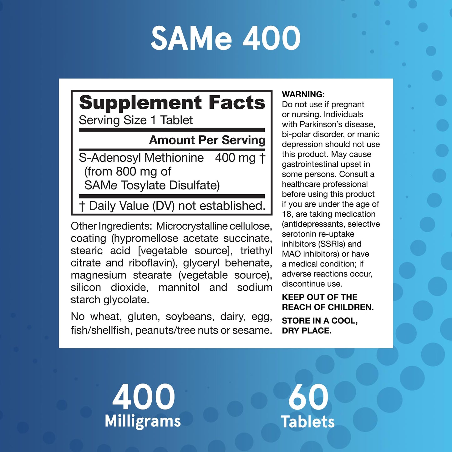 Jarrow Formulas SAMe Supplement 400 mg - 60 Tablets - High Concentration of Active S,S Form - Supports Joint Health, Liver Function, Brain Metabolism, Balanced Mood & Antioxidant Defense - 60 Servings Jarrow FormulasBuy Supplements Australia