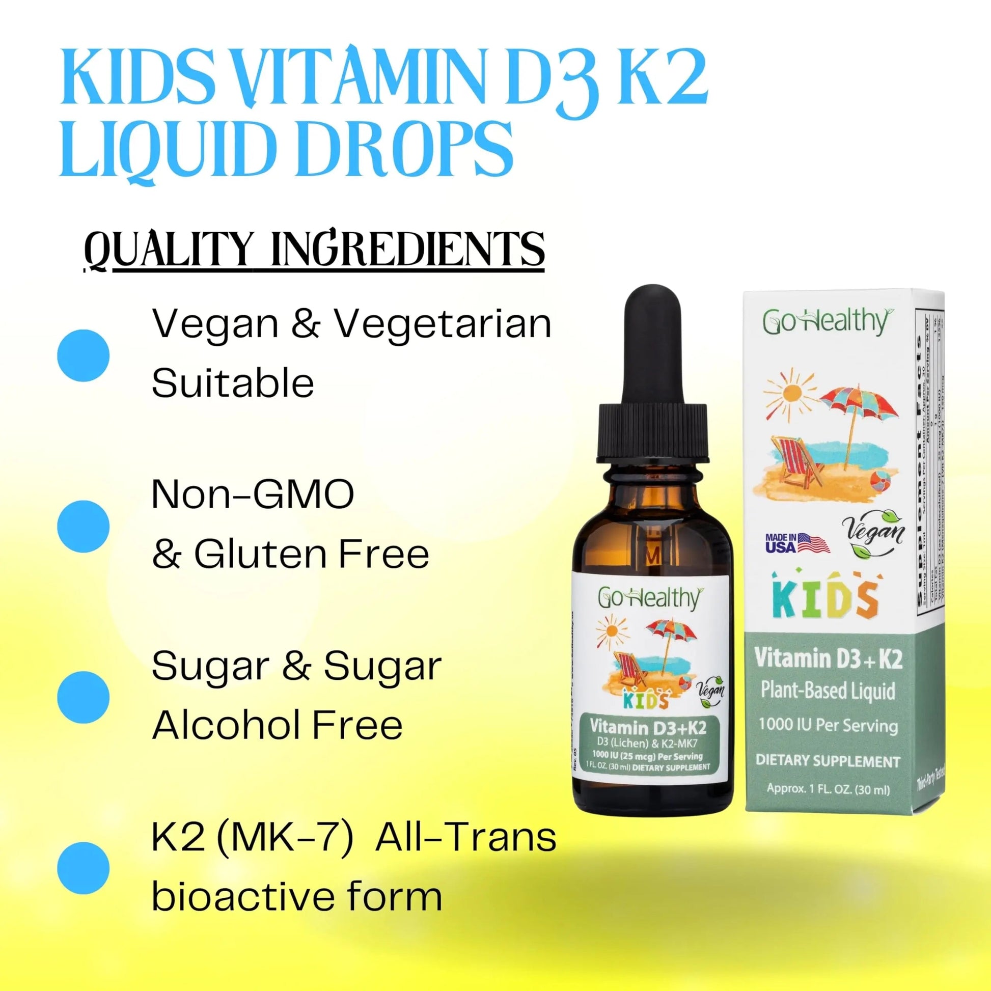 Go Healthy Kids Vitamins D3 K2 (MK-7), Child Vitamin D, Liquid Vegan D3 K2 Drops for Kids Go Healthy Natural