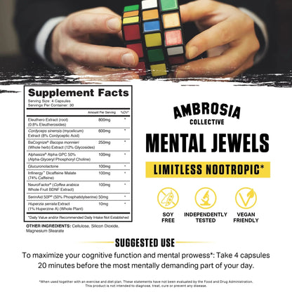Ambrosia Mental Jewels (Capsules) - Cognitive Enhancer | Increase Memory, Communication Skills, Concentration & Focus | Alpha GPC, Choline, BaCognize AmbrosiaBuy Supplements Australia