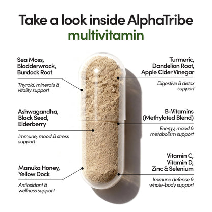 Alpha Tribe Multivitamin for Men with Seamoss Black Seed Oil Ashwagandha Burdock Root, Turmeric Bladderwrack, Vitamin C, Elderberry, Manuka, Yellow Dock | Daily Men's Vitamins and Minerals Supplement Alpha TribeBuy Supplements Australia