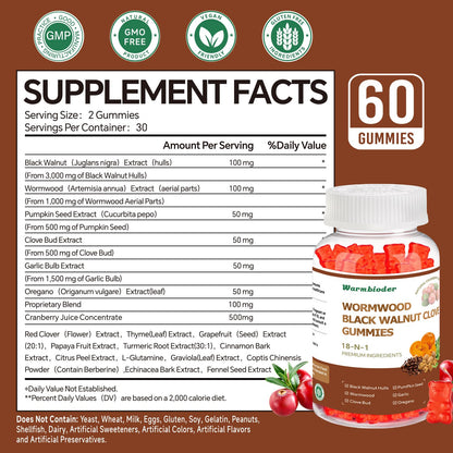18-in-1 Wormwood Black Walnut Clove Gummies for Adults,Liver Support,with Pumpkin Seed Oil,Rapid Gut Cleanse & Digestive Health with Clove,Garlic,Turmeric,Oregano,Cranberry Extract WarmbioderBuy Supplements Australia