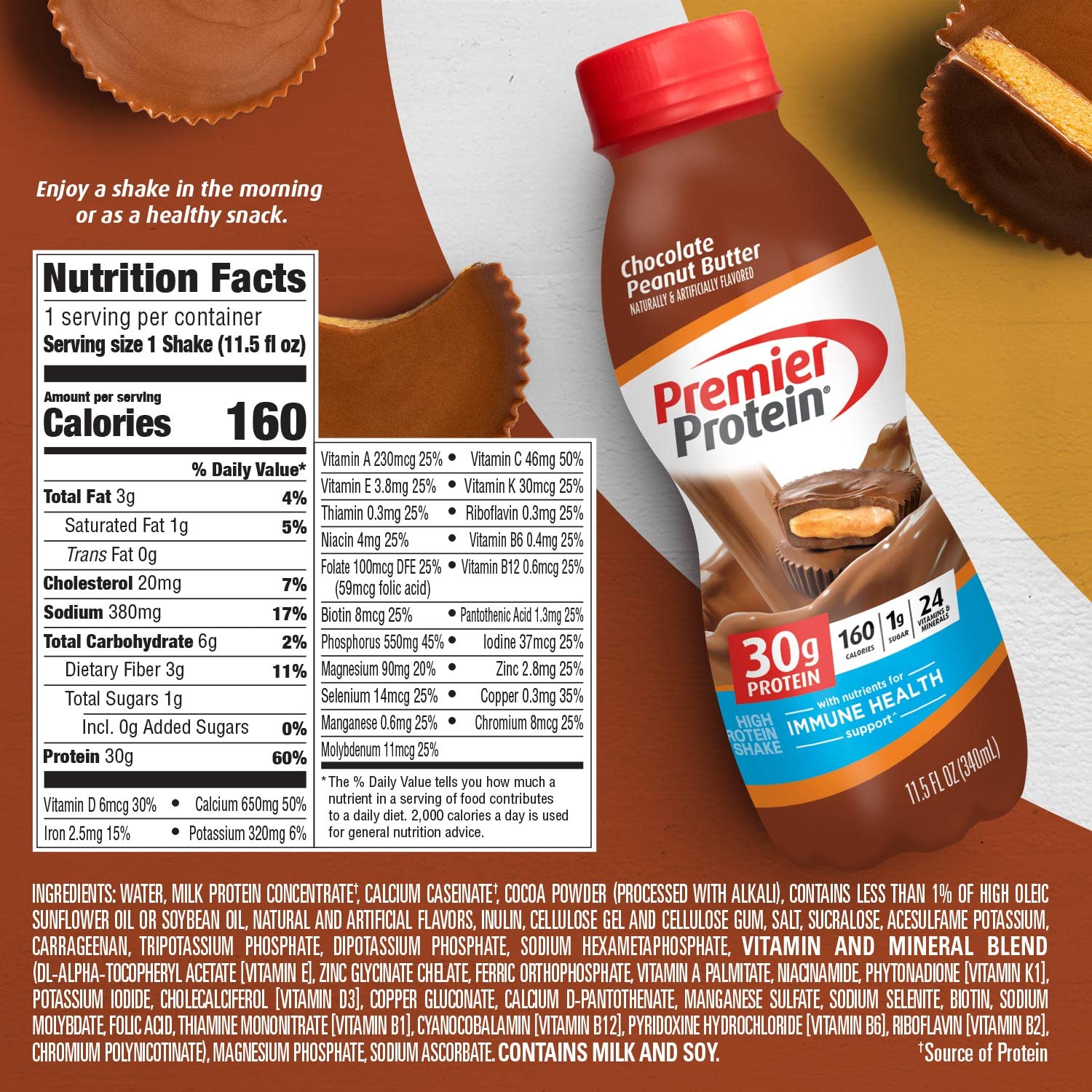 Premier Protein Shake, Chocolate Peanut Butter Liquid, 30g Protein, 1g Sugar, 24 Vitamins Premier ProteinBuy Supplements Australia