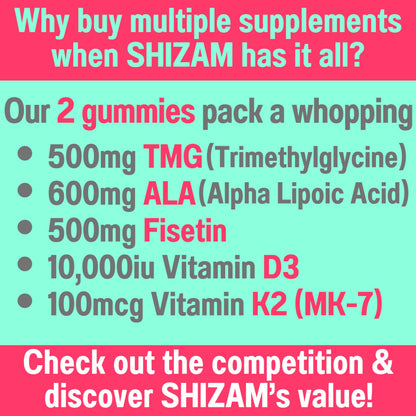 SHIZAM TMG Betaine Alpha Lipoic Acid ALA D3 Fisetin Gummies, Tri-Methylglycine trimethylglycine R-Alpha NAD+ Plus + HCL Supplements, Mitochondrial Senolytic Activator, NR Capsules Powder 600mg 1000mg SHIZAMBuy Supplements Australia