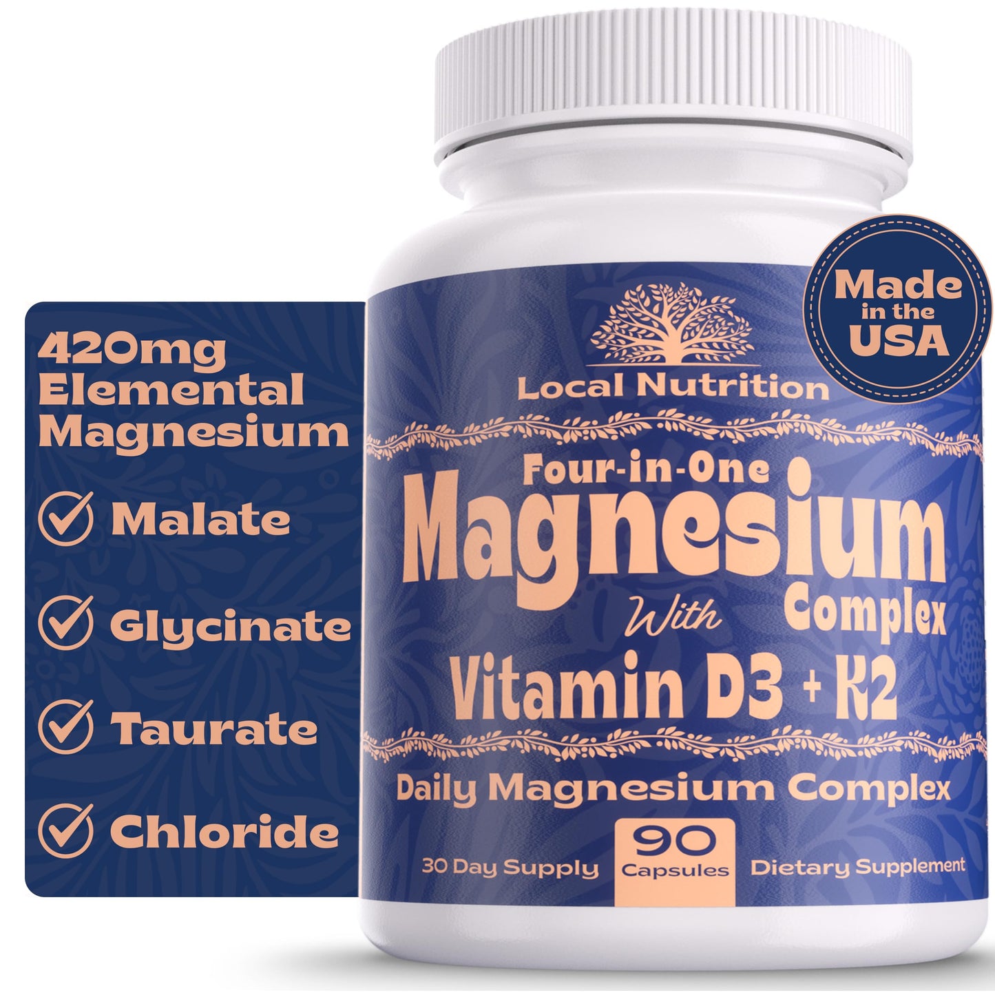 Local Nutrition Magnesium Complex 420mg with Vitamin D3 K2 - Four Bioavailable Forms Including Bisglycinate (Glycinate), Malate, Taurate, and Chloride