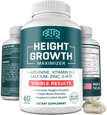BIOTEQUELAB Height Growth Maximizer, Calcium, Vitamin D3 and Zinc Blend Pills, Bone Growth Supplement for Kids and Teens, Bone Strength, Density Support, GMO-Free, Gluten-Free, Made in USA, 60 Caps BTQ BIOTEQUE LABBuy Supplements Australia