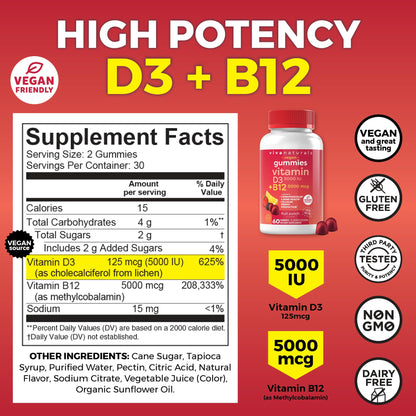 Viva Naturals Plant-Based B12 Gummies with Vitamin D3 - Chewable 5000mcg B12 Viva NaturalsBuy Supplements Australia