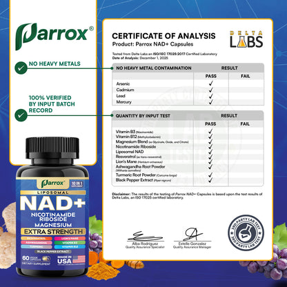 Parrox NAD+ Supplement with Liposomal NAD+, Nicotinamide Riboside, Magnesium, Vitamin B3 & B12, Resveratrol, Turmeric, Ashwagandha, Lion’s Mane,10-in-1 Extra Strength (2 Pack) ParroxBuy Supplements Australia