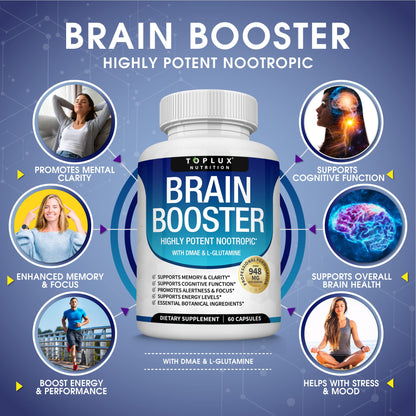Toplux Brain Supplement Nootropic – Brain Pills Vitamin with DMAE, Bacopa Monnieri, L-Gutamine, for Men Women, 60 Capsules, Nutrition TopluxBuy Supplements Australia