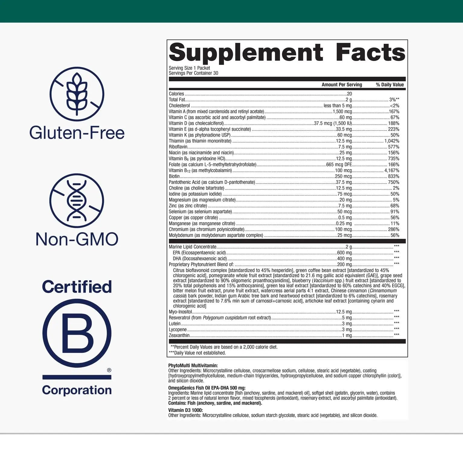 Metagenics Wellness Essentials Daily Packs - Multivitamin & Omega-3 Packets with Vitamins A, C, D, E & B - Supports Heart, Brain, Immune & Bone Health Metagenics