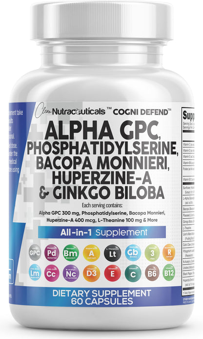 Brain Supplement Alpha GPC 300mg Phosphatidylserine Bacopa Monnieri Ginkgo Biloba Lions Mane Huperzine A L-Theanine NAC Nootropic Memory Focus Cognitive Support Vitamins B C D E 60 Capsules USA Clean NutraceuticalsBuy Supplements Australia