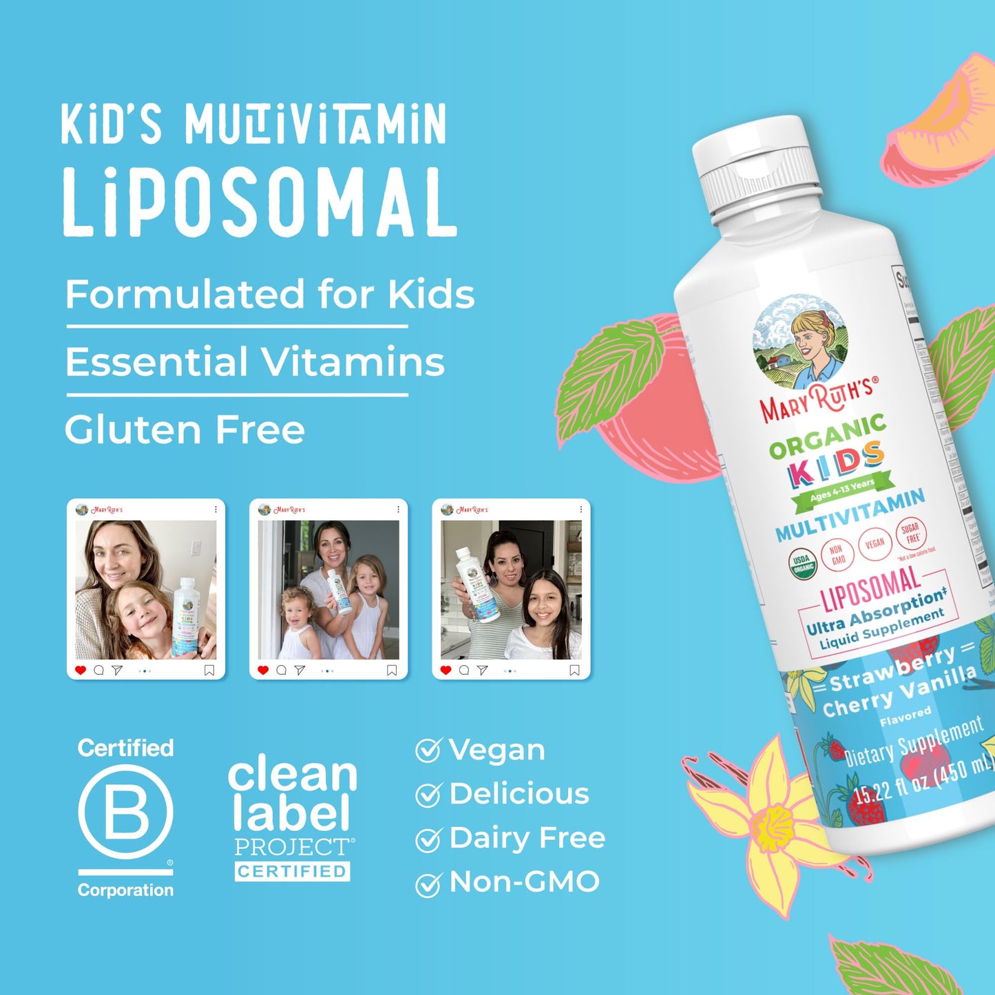 MaryRuth Organics Kids Multivitamin Liposomal | Vegan, Sugar-Free Vitamins for Kids | Ages 4+ | 2 Month Supply | 15.22 Fl Oz MaryRuth OrganicsBuy Supplements Australia