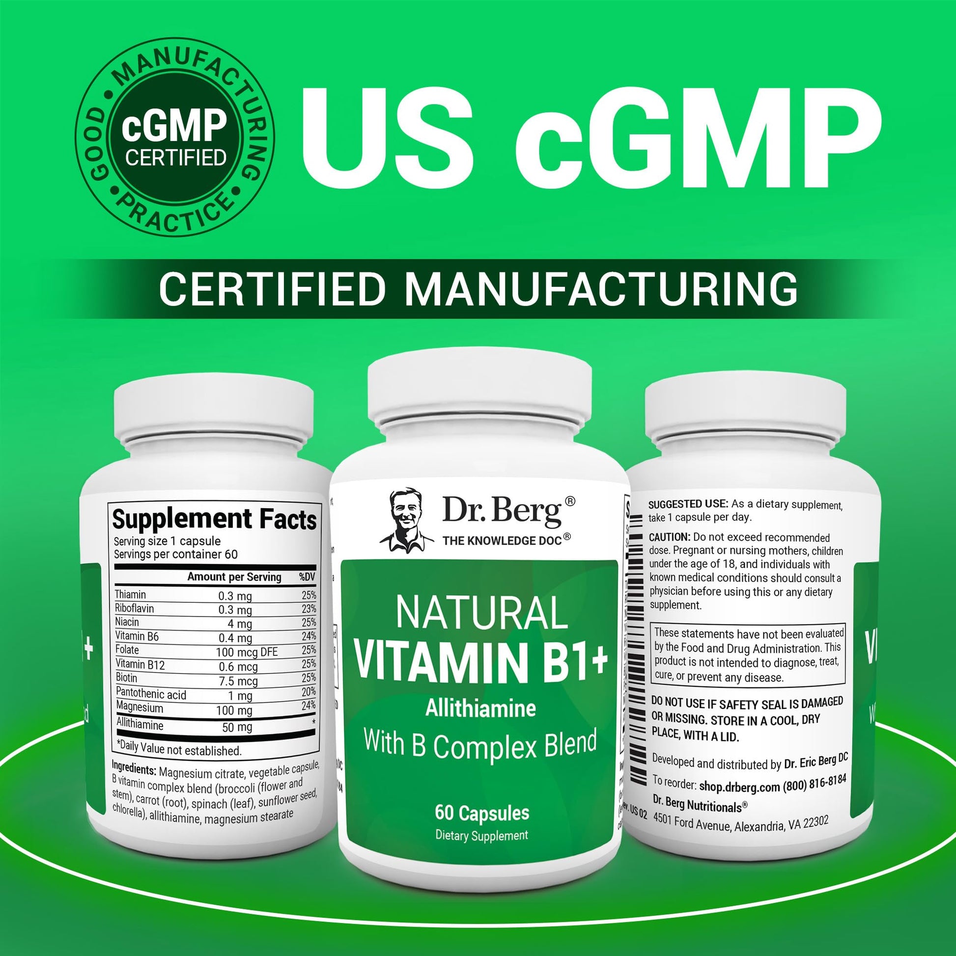 Dr. Berg Natural Vitamin B1 B6 B12 Complex - Allithiamine Vitamin B1 Supplement with 8 Essential Vitamin B Complex for Men & Women Including Thiamin, Niacin, Folate, Magnesium & More - 60 Capsules Dr. Berg NutritionalsBuy Supplements Australia