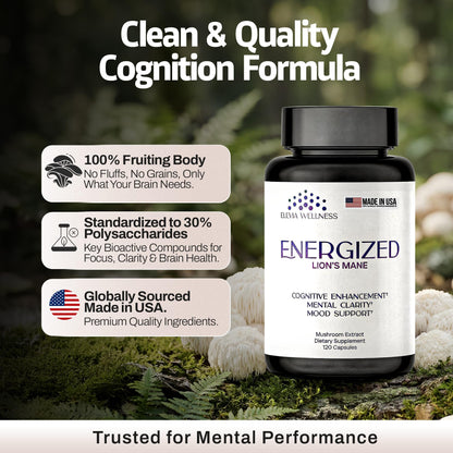 Energized Lions Mane Supplement Capsules (120ct),Brain Supplements for Memory and Focus, Nootropic for Brain Fog Relief Made in USA,30% Polysaccharides,Natural Brain Health Support Elevia WellnessBuy Supplements Australia