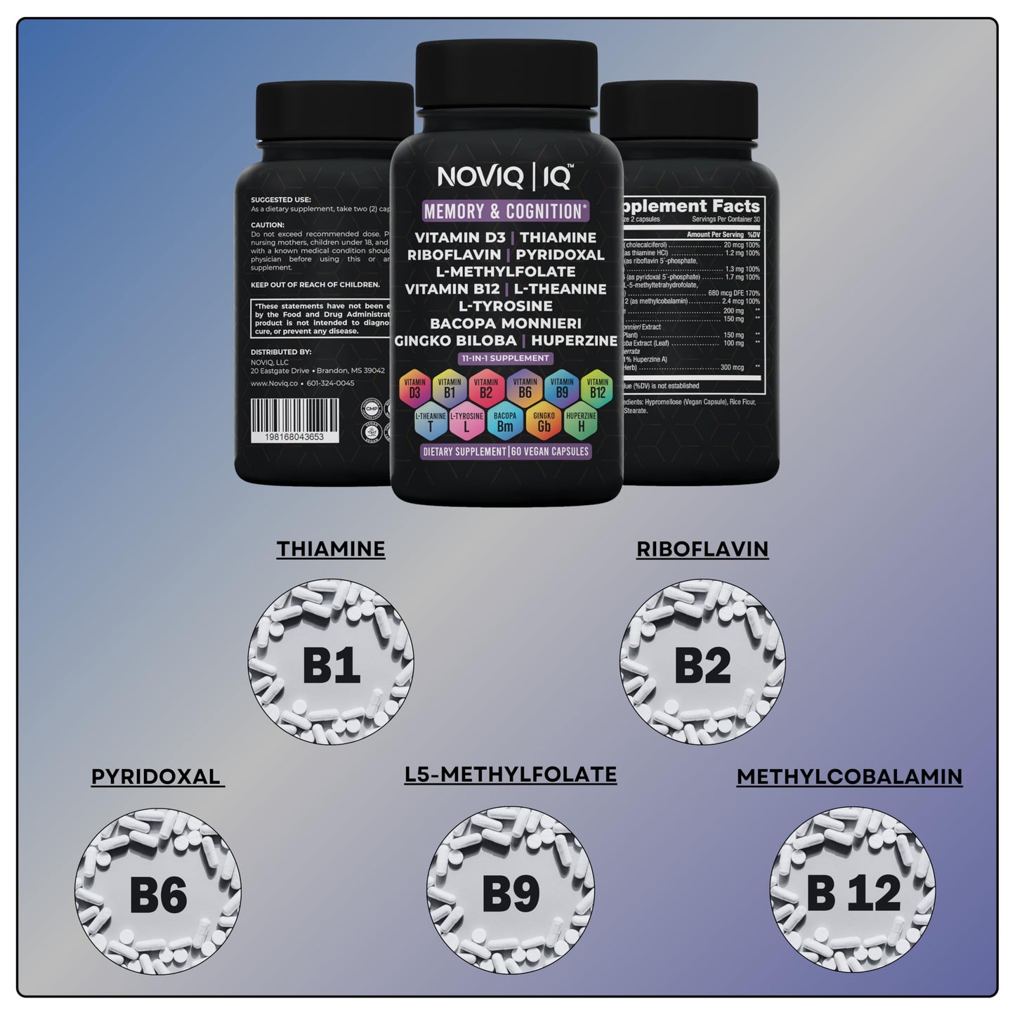 11-in-1 Supplement: Supports Memory & Cognition - 100mg Ginkgo 150mg Bacopa 300mcg Huperzine 200mg L-Theanine 150mg L-Tyrosine & Bioactive B-Complex