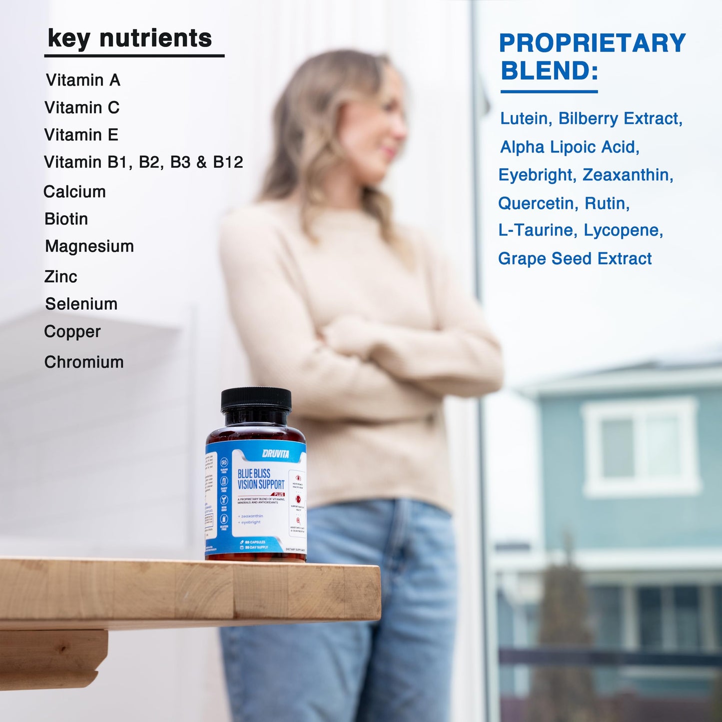Blue Bliss Vision Support - Eye Vitamins with Lutein, Biotin, Bilberry and Zeaxanthin - Vitamin Supplement for Vision Health and Preservation for Adults Seniors 60 Veggie Capsules 30 Day Supply DruvitaBuy Supplements Australia