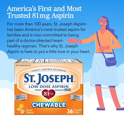 St. Joseph Aspirin Pain Reliever (NSAID) 81mg, Chewable Orange Tablets Adult Low Dose Regimen , 108 ct (3 x 36 ct Tablets per Bottle) St. JosephBuy Supplements Australia