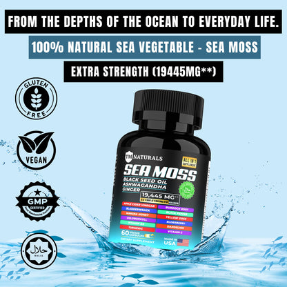 TM NATURALS Sea Moss with Black Seed Oil, Vitamin C, Ashwagandha and Turmeric for Immune Support & Energy - 60 Vegan Capsules + Free Pill Box TM NATURALSBuy Supplements Australia