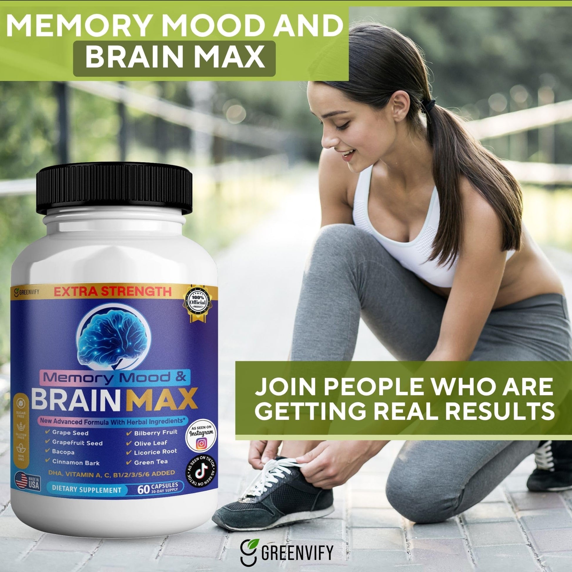Memory, Mood & Brain Max Extra Strength Supplement with Herbal Ingredients, 60 Capsules, DHA, Vitamins, Bacopa, Green Tea (1) GREENVIFYBuy Supplements Australia