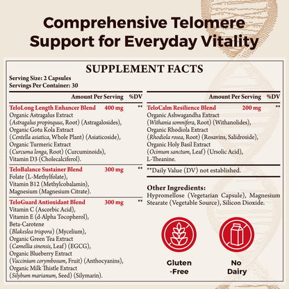 Telomere Lengthening Supplements – Organic Astragalus, Gotu Kola, Vitamin D3, Folate, L-Theanine – Anti-Aging, DNA Repair, Immune & Cellular – 60 Vegan Capsules, Made in Japan (1 Bottle) OrinthalixiumBuy Supplements Australia