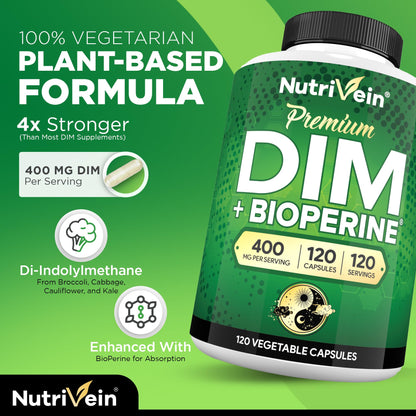 Nutrivein Premium DIM Supplement 400 mg Daily - 120 Servings (120 Capsules): Diindolylmethane for Women and Men - Plus Bioperine - Estrogen Supplement - Menopause and Middle Age Support NutriveinBuy Supplements Australia