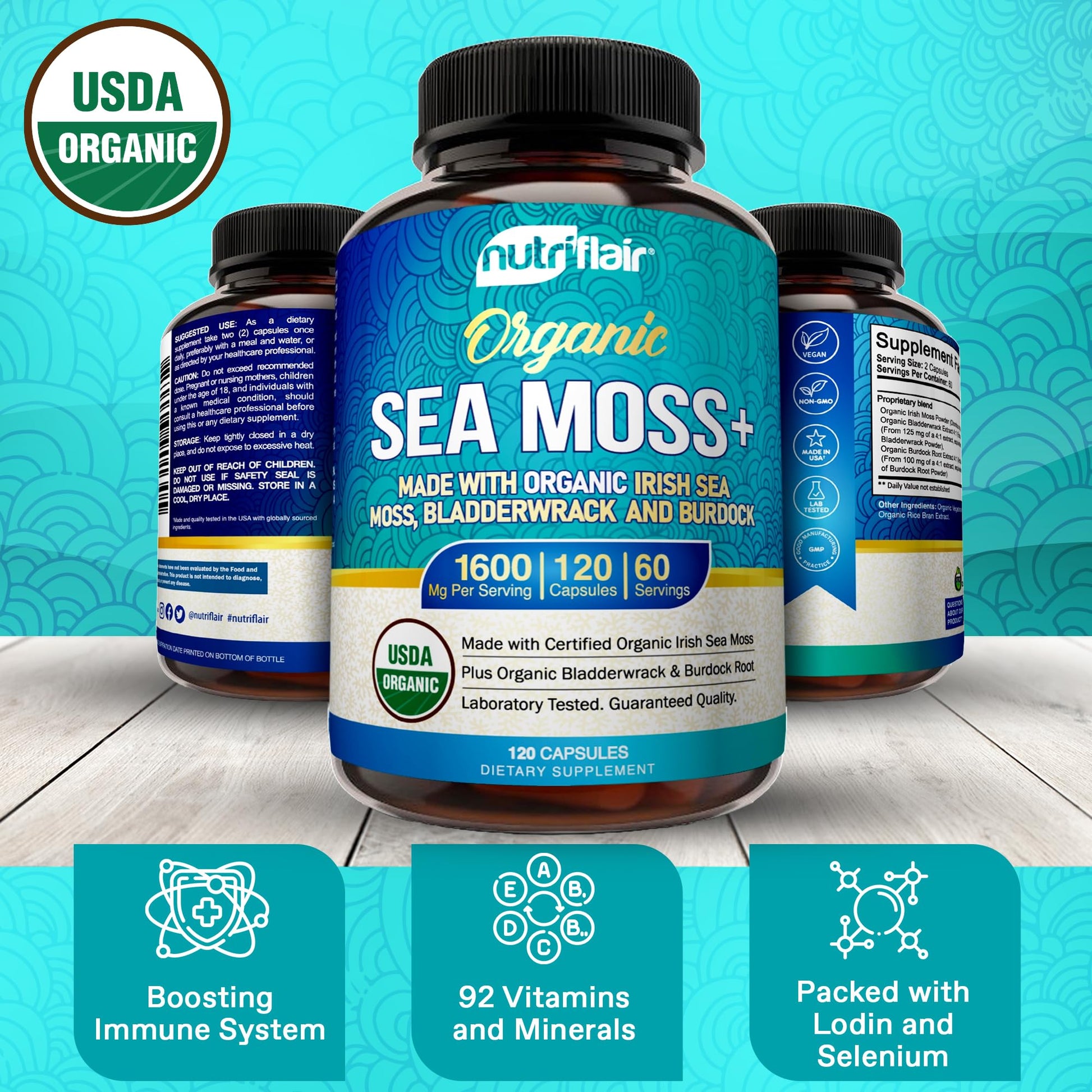 NutriFlair Organic Sea Moss 1600mg, 120 Capsules Plus Bladderwrack & Burdock - Prebiotic Super Food - Immune System & Digestive Health - Thyroid, Healthy Skin, Keto Detox, Gut NutriFlairBuy Supplements Australia