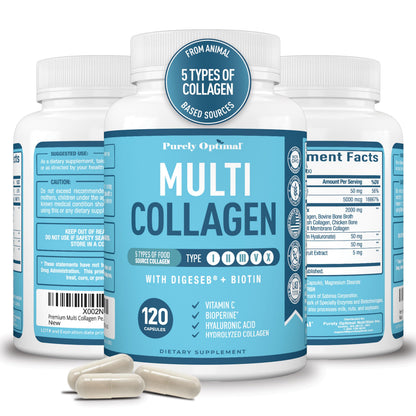 Premium Multi Collagen Peptides (Types I, II, II, V, X) - Collagen Pills for Skin Care, Hair Growth, Nails & Joints - Vitamin C, Hyaluronic Acid