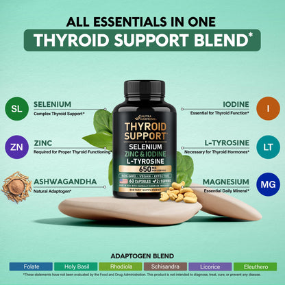 Thyroid Support for Women - Selenium 200 mcg | Astragalus | Zinc & Iodine | L-Tyrosine | Adaptogen Herbs - 21-in-1 Antioxidant & Immune Support - Made in USA - Vegan, Non-GMO, Lab Tested - 60 Capsules NUTRAHARMONYBuy Supplements Australia