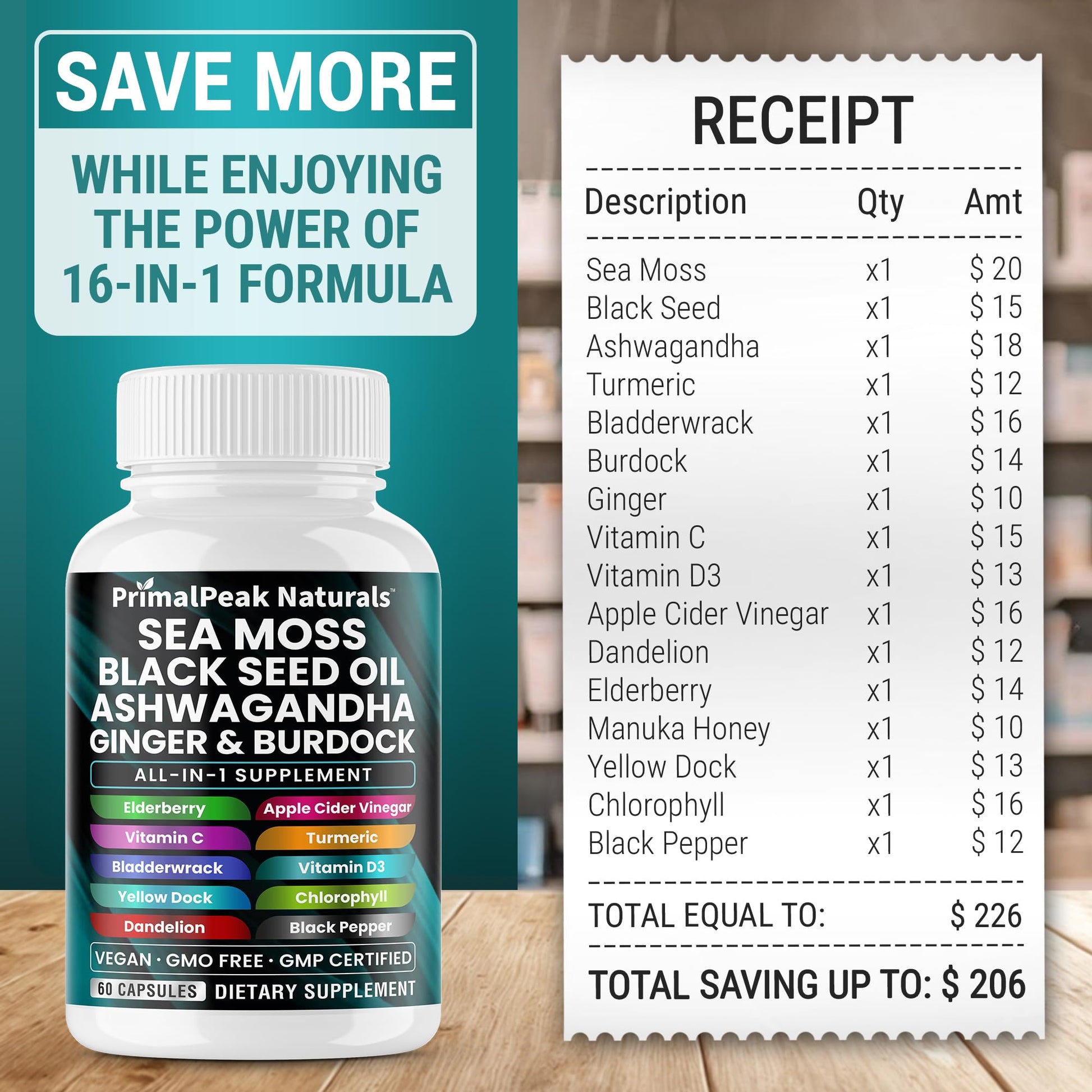 PrimalPeak Naturals Sea Moss Black Seed Oil Ashwagandha Ginger Burdock Bladderwrack Turmeric & Vitamin C Vitamin D3 with ACV Elderberry Chlorophyll Dandelion Yellow Dock Vegan Capsules - 60 Count PrimalPeak NaturalsBuy Supplements Australia