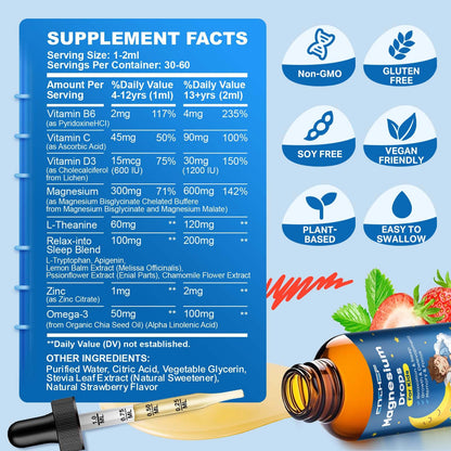 Magnesium Drops - Magnesium Glycinate Liquid Drops for Kids - Calm, Sleep, Relaxation, Bones, Brain Support with Vitamin B6, C, D3, Omega-3, L-Theanine, Zinc, Multivitamins - Strawberry Flavor 2 Fl Oz CNCHEFBuy Supplements Australia