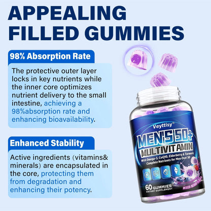 Sugar Free Multivitamin Gummies for Men 50 Plus - Methylated Multivitamin with Omega-3, CoQ10, Elderberry & Turmeric VeyttisyBuy Supplements Australia