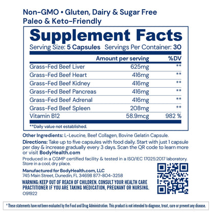 BodyHealth Organ+ Grass-Fed Glandular Organ Complex, Grassfed Beef Organ Supplement, Dessicated Beef Liver, Heart, Kidney, Pancreas, Spleen, Non GMO, Adrenal, Supplement, (150 Capsules) BodyHealthBuy Supplements Australia
