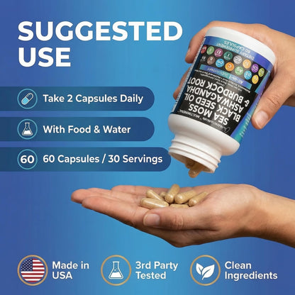 Clean Nutraceuticals Sea Moss Black Seed Oil Ashwagandha Turmeric Bladderwrack Burdock & Vitamin C Vitamin D3 with Elderberry
