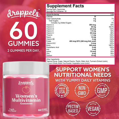 Droppels Women's Multivitamin Gummies with Folic Acid, Vitamins A, D, C, E, K, B6, B12, Biotin & More | Vegan, Non-GMO & Pectin-Based Daily Vitamins for Women | Droppels