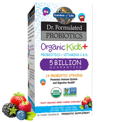 Garden of Life Dr. Formulated Probiotics for Kids, Organic Kids+ - Berry Cherry, 5 Billion CFU Chewable Probiotic plus Vitamin C and D Garden of Life