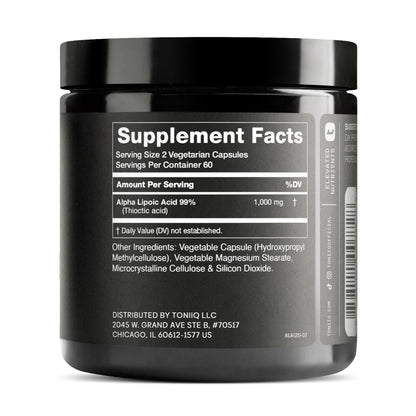 Toniiq 1000mg Ultra High Strength Alpha Lipoic Acid Capsules - Highly Purified 99%+ USP Standard - 120 Capsules ALA Supplement