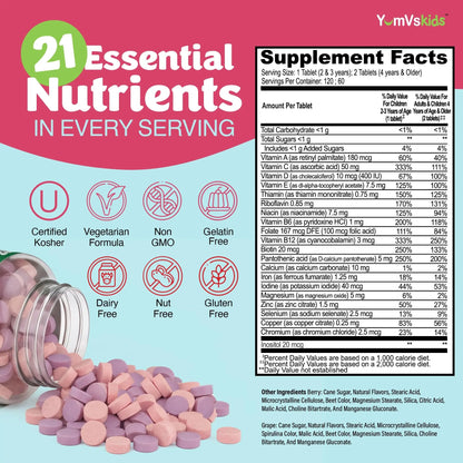 YumVs Kids Multivitamin with Iron & Minerals Chewable Tablets – Grape & Berry Flavor Vitamins for Toddlers & Children Age 2+ – Daily Multivitamin YUM-V'SBuy Supplements Australia