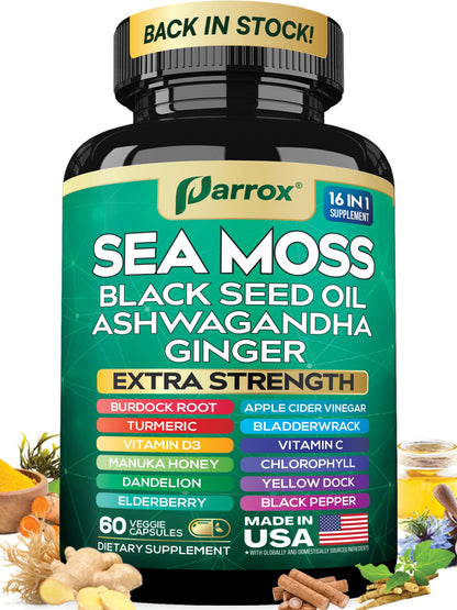 Parrox Sea Moss, Black Seed Oil, Ashwagandha, Turmeric, Chlorophyll, Dandelion, Ginger, Vitamin D3, Black Pepper, Elderberry, ACV, Yellow Dock, Burdock Root, Manuka, Vitamin C, Bladderwrack (60 Caps) ParroxBuy Supplements Australia
