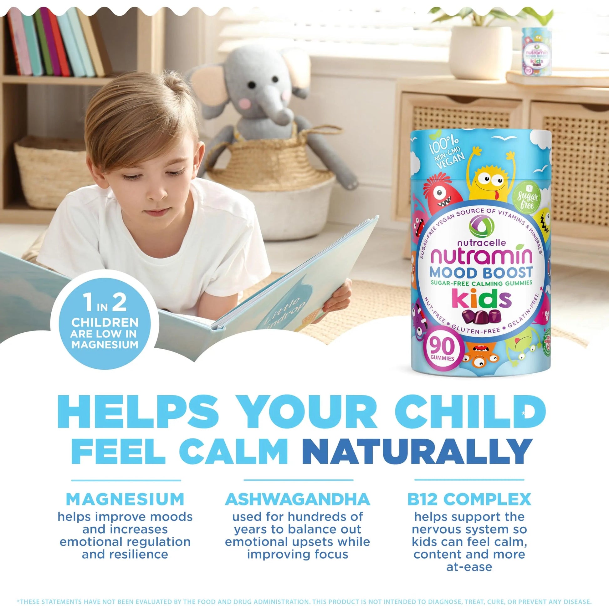 NUTRAMIN Kids Mood Boost Vegan Vitamin Gummy: Calming Magnesium Citrate Supplement for Children with Ashwagandha & Vitamin B Complex to Relax & Focus Nutracelle