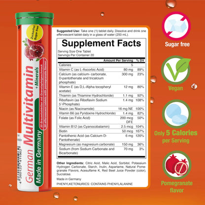 T&D German Multivitamin + Mineralien Drink Effervescent Tablets 140 Servings Pomegranate Flavour – 10 Vitamins + 2 Minerals T&DBuy Supplements Australia