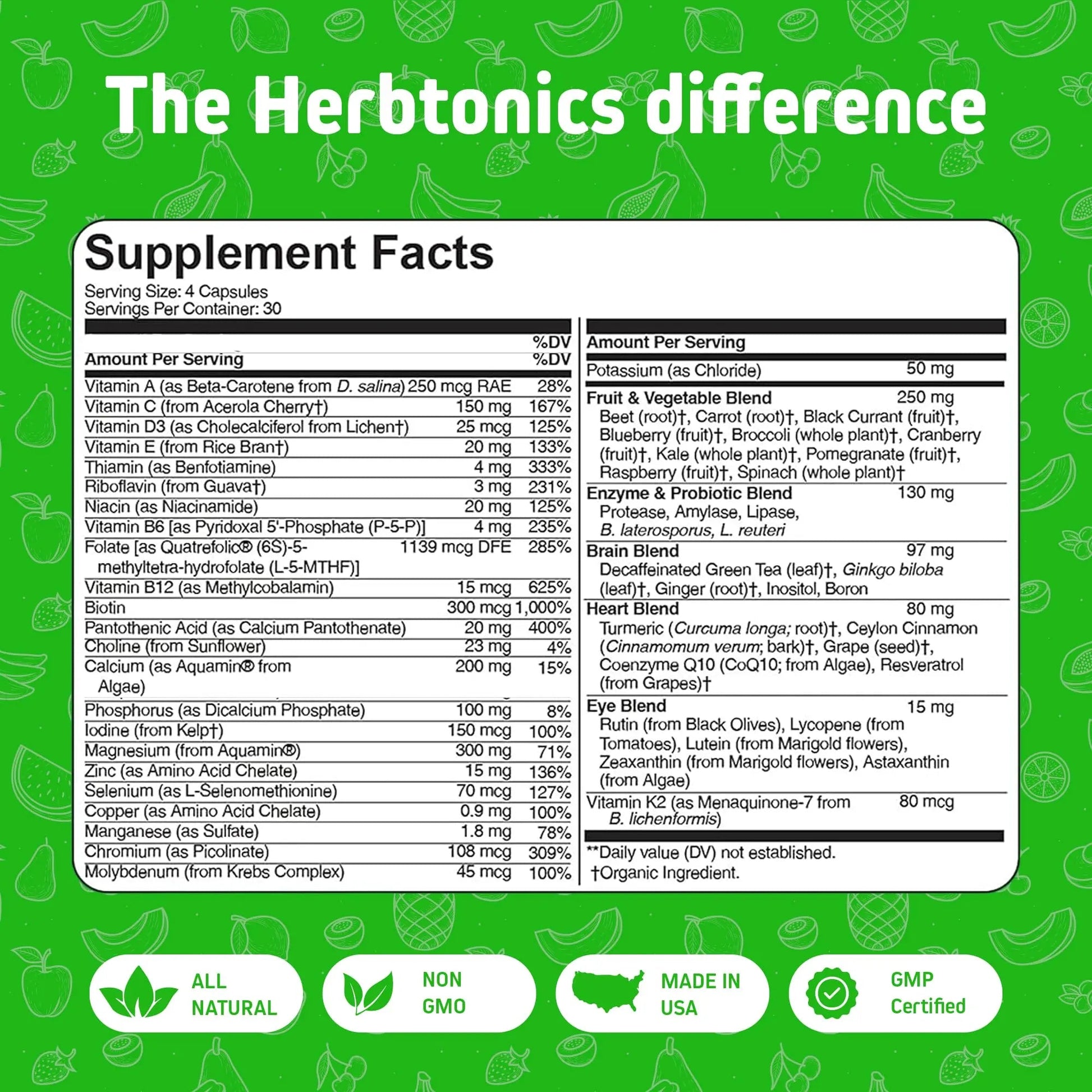 Herbtonics Whole Food Multivitamin for Men & Women – Vegan Multivitamin with Real Fruits & Veggies, Probiotics, CoQ10 Herbtonics
