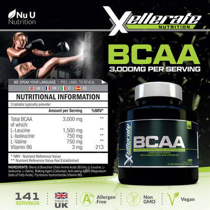 BCAA 1000mg - 425 Vegan Tablets - 3000mg Daily Serving - 141 Day Supply - 2:1:1 BCAAs Xellerate NUTRITIONBuy Supplements Australia