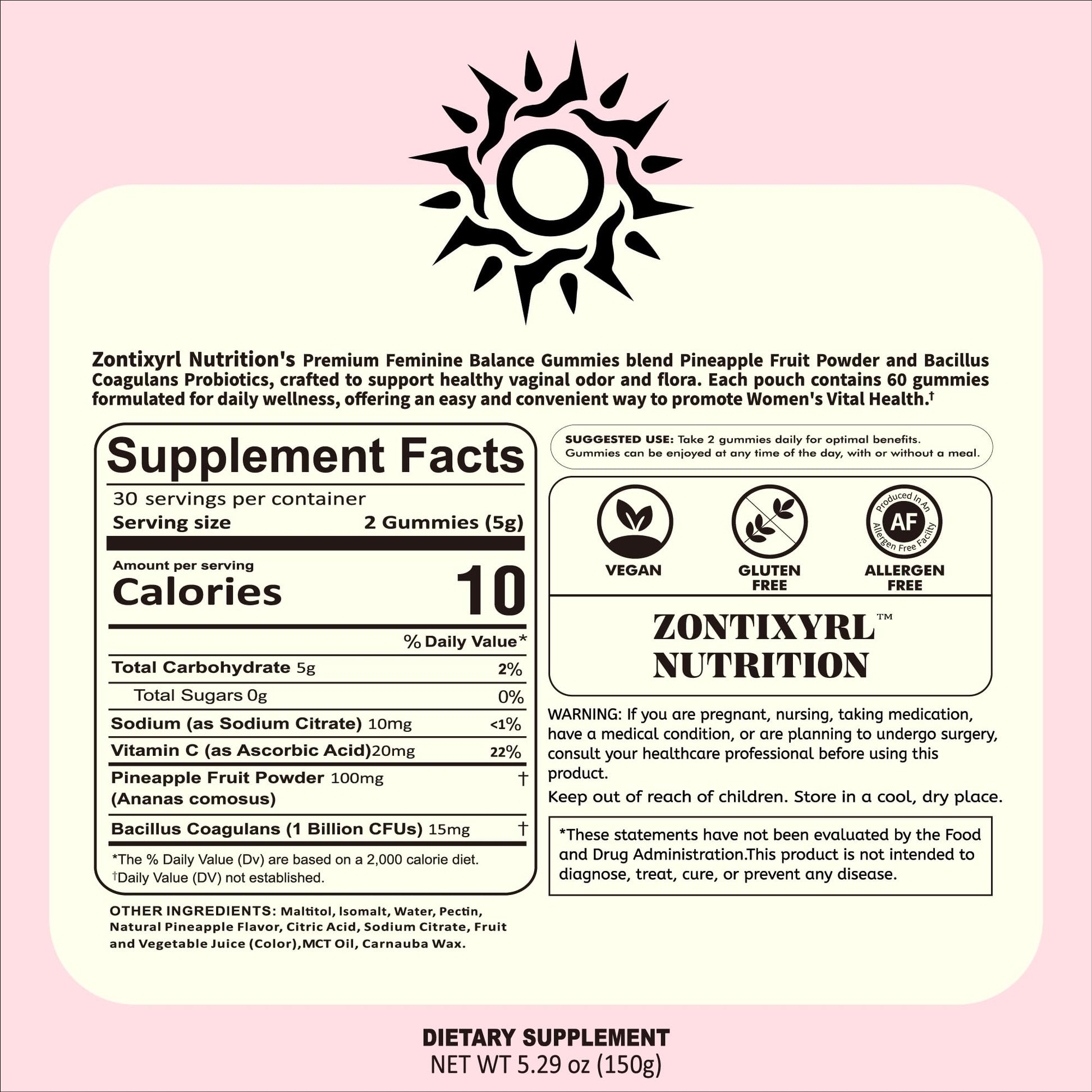 Zontixyrl Premium Feminine Balance Gummies Women - Pineapple Gummies for Women pH Probiotic and Immune Support Vegan Gluten Free 60 Gummies 30 Servings ZontixyrlBuy Supplements Australia