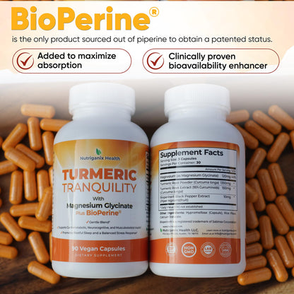 Turmeric Tranquility Turmeric Curcumin & Magnesium Glycinate with BioPerine – Support for Stress Relief, Sleep, Heart Health, Muscles, Metabolism, and Joint Health* - High Absorption - 90 Capsules (1) NutriganixBuy Supplements Australia